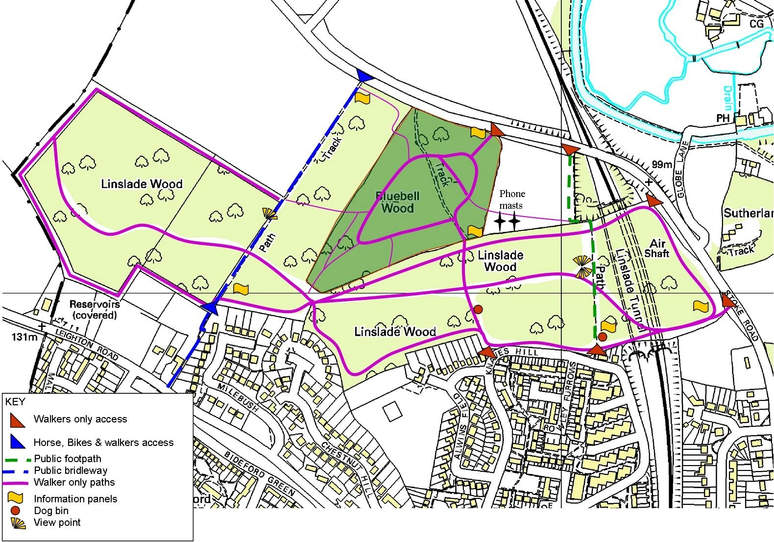 Map of Linslade Wood showing walking paths, access points, and key landmarks